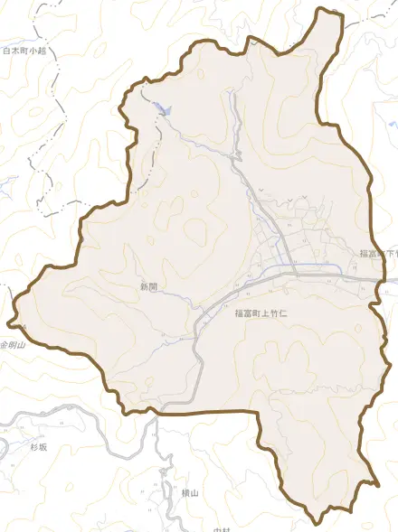福富町上竹仁とその周辺の地図。町の範囲を重ねている