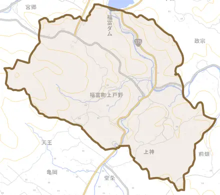 福富町上戸野とその周辺の地図。町の範囲を重ねている