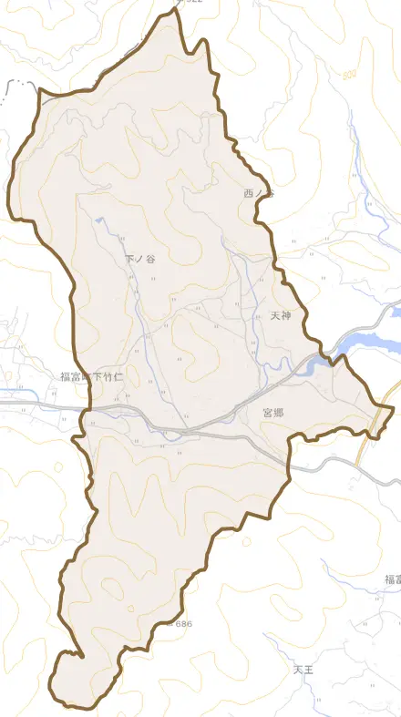 福富町下竹仁とその周辺の地図。町の範囲を重ねている