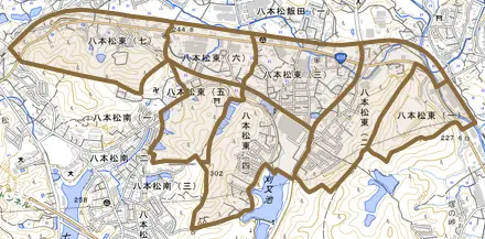八本松東とその周辺の地図。町の範囲を重ねている