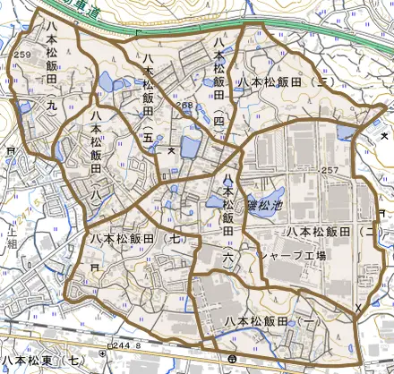 八本松飯田とその周辺の地図。町の範囲を重ねている