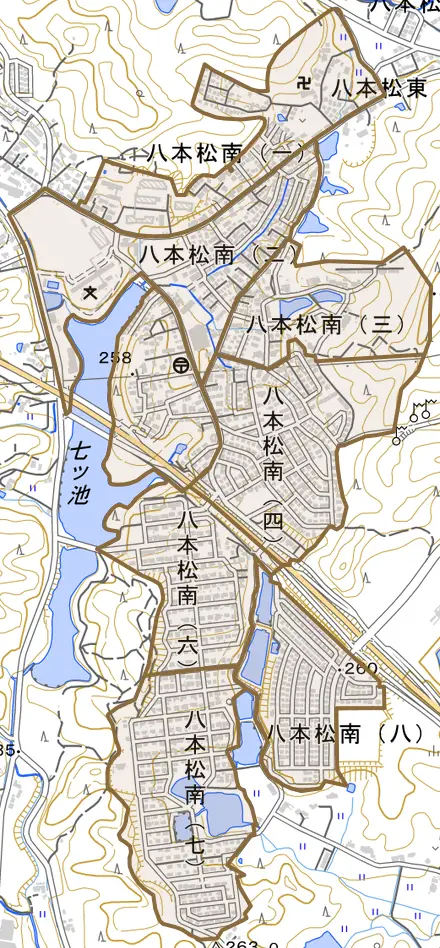 八本松南とその周辺の地図。町の範囲を重ねている