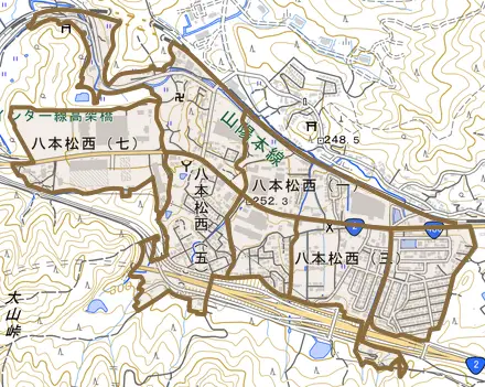 八本松西とその周辺の地図。町の範囲を重ねている