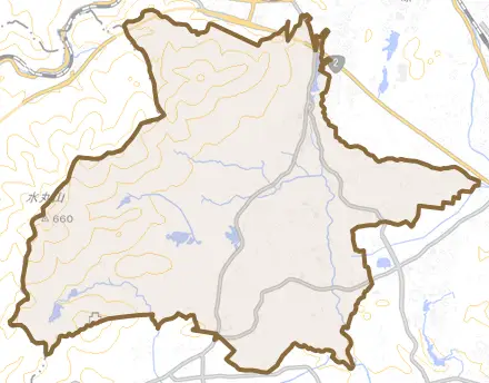 八本松町原とその周辺の地図。町の範囲を重ねている