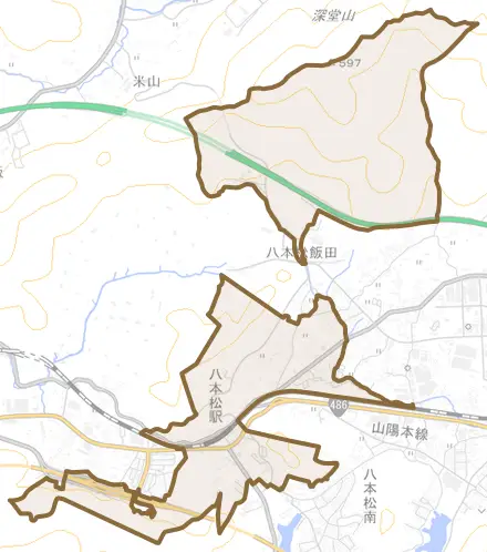 八本松町飯田とその周辺の地図。町の範囲を重ねている
