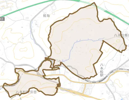 八本松町宗吉とその周辺の地図。町の範囲を重ねている