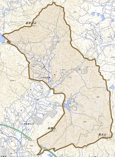 八本松町篠とその周辺の地図。町の範囲を重ねている