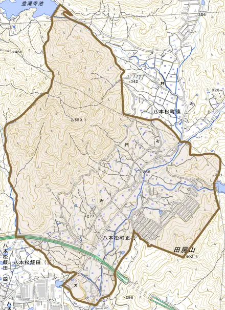 八本松町正力とその周辺の地図。町の範囲を重ねている