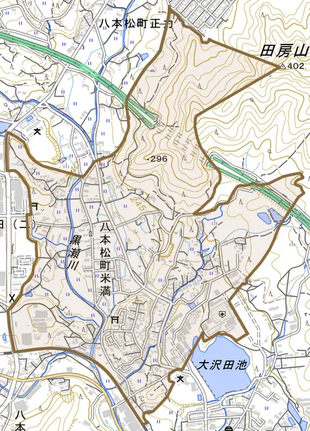 八本松町米満とその周辺の地図。町の範囲を重ねている