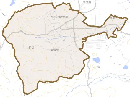 八本松町吉川とその周辺の地図。町の範囲を重ねている
