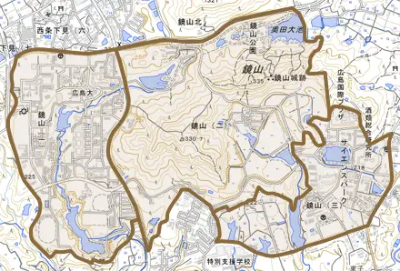 鏡山とその周辺の地図。町の範囲を重ねている