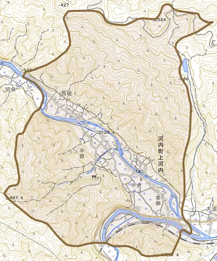 河内町上河内とその周辺の地図。町の範囲を重ねている