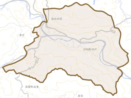 河内町河戸とその周辺の地図。町の範囲を重ねている