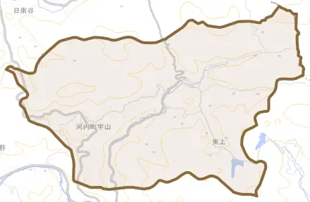河内町宇山とその周辺の地図。町の範囲を重ねている
