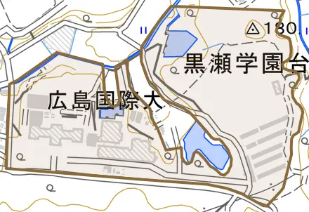 黒瀬学園台とその周辺の地図。町の範囲を重ねている