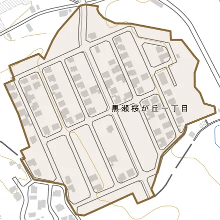黒瀬桜が丘とその周辺の地図。町の範囲を重ねている