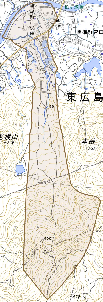 黒瀬町上保田とその周辺の地図。町の範囲を重ねている