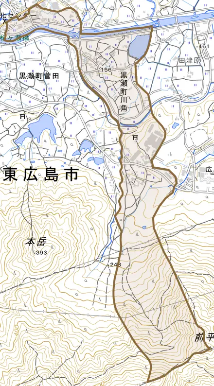 黒瀬町川角とその周辺の地図。町の範囲を重ねている