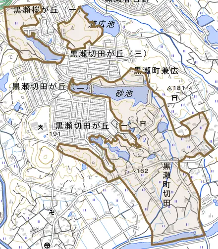 黒瀬町切田とその周辺の地図。町の範囲を重ねている