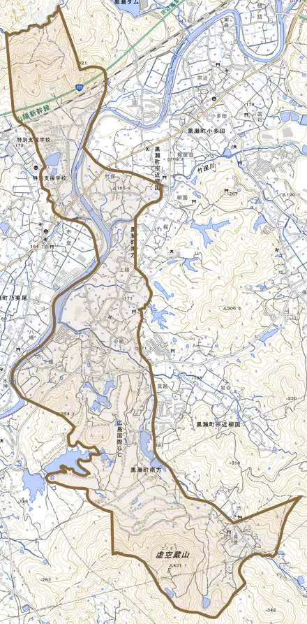 黒瀬町南方とその周辺の地図。町の範囲を重ねている