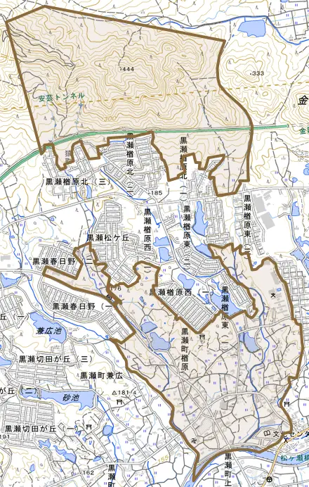 黒瀬町楢原とその周辺の地図。町の範囲を重ねている