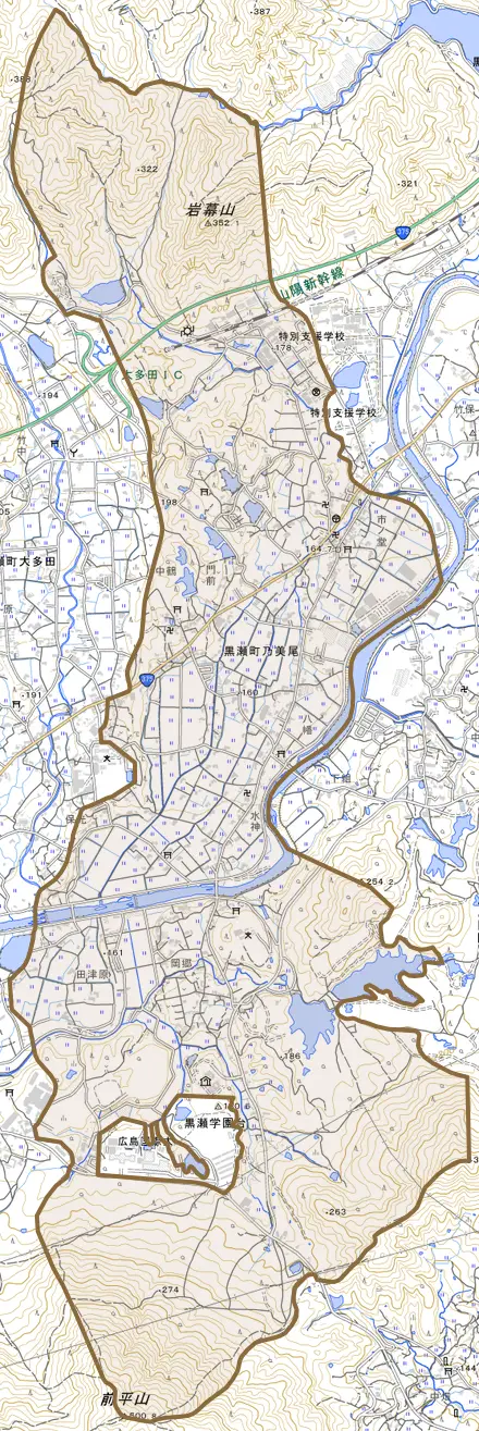 黒瀬町乃美尾とその周辺の地図。町の範囲を重ねている