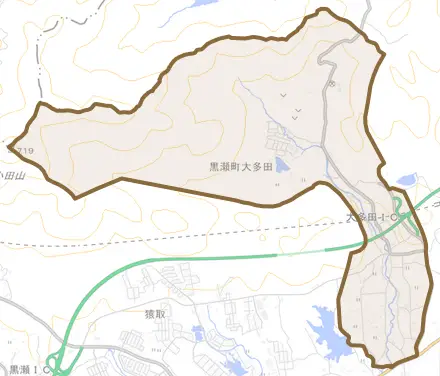 黒瀬町大多田とその周辺の地図。町の範囲を重ねている