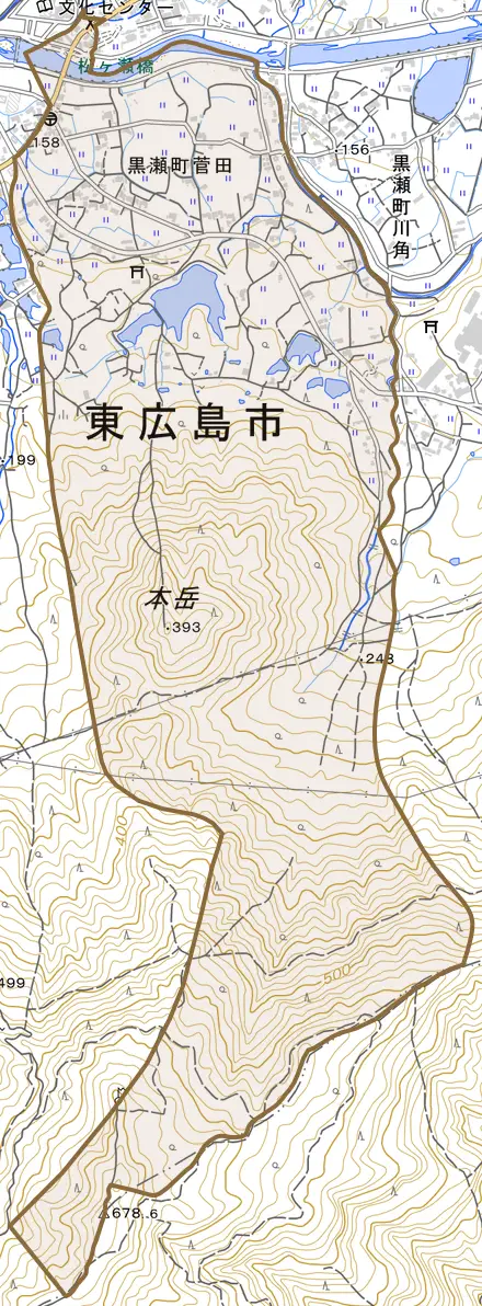 黒瀬町菅田とその周辺の地図。町の範囲を重ねている