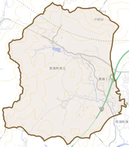 黒瀬町津江とその周辺の地図。町の範囲を重ねている