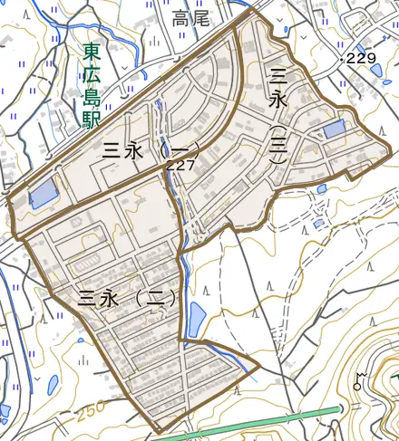三永とその周辺の地図。町の範囲を重ねている