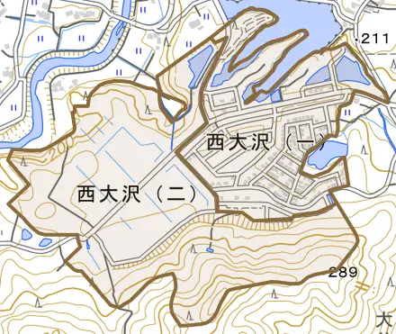 西大沢とその周辺の地図。町の範囲を重ねている