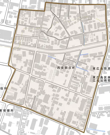 西条朝日町とその周辺の地図。町の範囲を重ねている