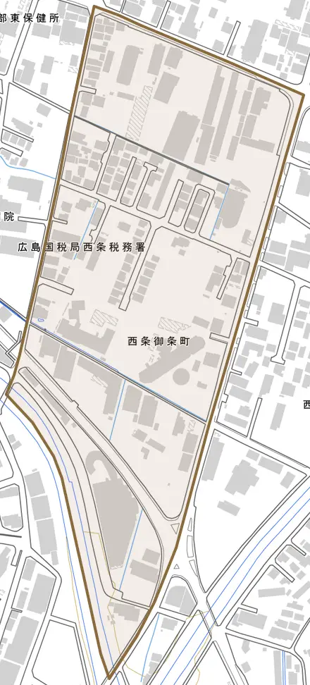 西条御条町とその周辺の地図。町の範囲を重ねている