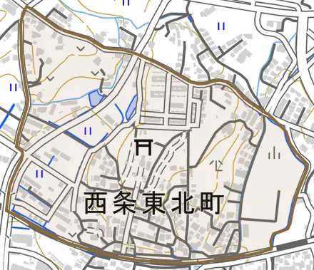 西条東北町とその周辺の地図。町の範囲を重ねている