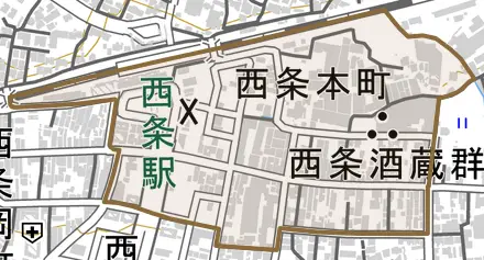 西条本町とその周辺の地図。町の範囲を重ねている