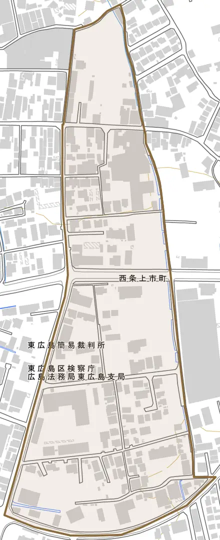 西条上市町とその周辺の地図。町の範囲を重ねている