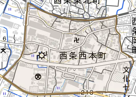 西条西本町とその周辺の地図。町の範囲を重ねている