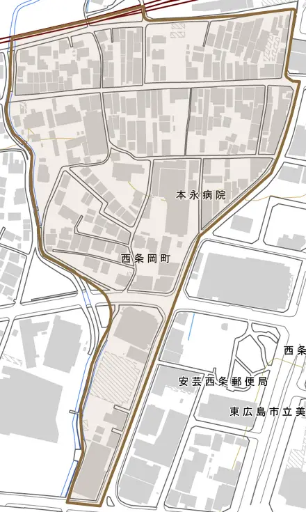 西条岡町とその周辺の地図。町の範囲を重ねている