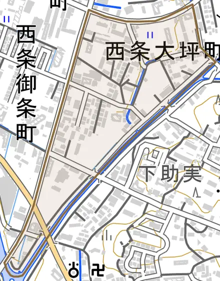 西条大坪町とその周辺の地図。町の範囲を重ねている