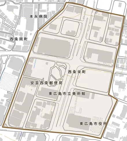 西条栄町とその周辺の地図。町の範囲を重ねている