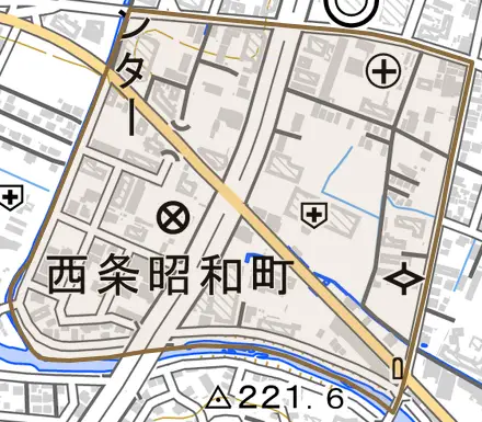 西条昭和町とその周辺の地図。町の範囲を重ねている