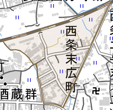 西条末広町とその周辺の地図。町の範囲を重ねている