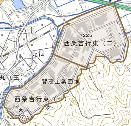 西条吉行東とその周辺の地図。町の範囲を重ねている