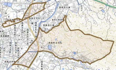西条町土与丸とその周辺の地図。町の範囲を重ねている