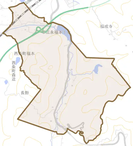 西条町福本とその周辺の地図。町の範囲を重ねている