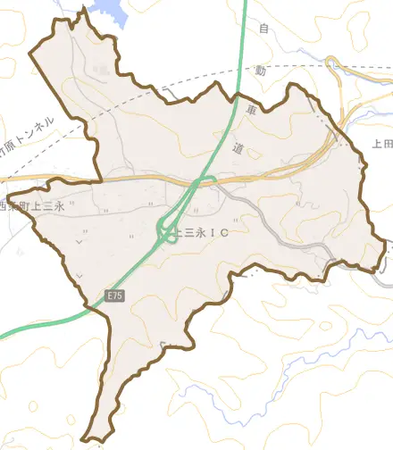 西条町上三永とその周辺の地図。町の範囲を重ねている