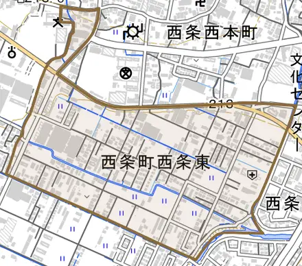 西条町西条東とその周辺の地図。町の範囲を重ねている