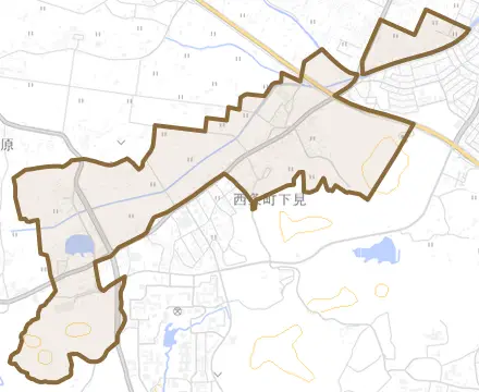 西条町下見とその周辺の地図。町の範囲を重ねている