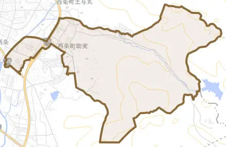 西条町助実とその周辺の地図。町の範囲を重ねている