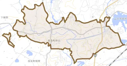 西条町田口とその周辺の地図。町の範囲を重ねている